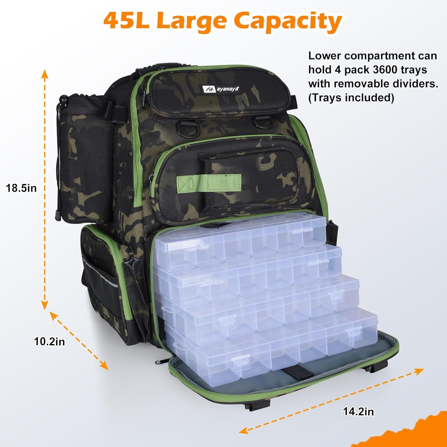 ayamaya 45L Fishing Backpack with 4 Tackle Boxes, Large Tackle Backpack with Rod Holders, Rubber Feet, Outdoor Multifunctional Fishing Bag Gear & Equipment for Camping, Hiking