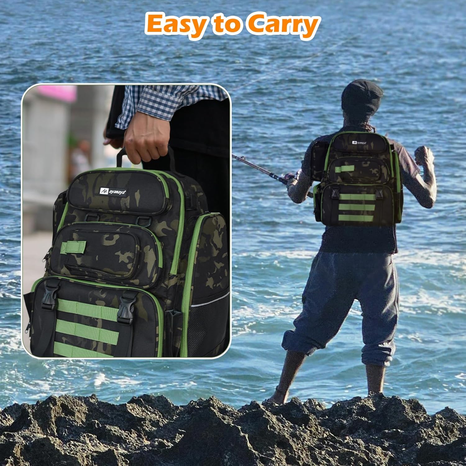 ayamaya 45L Fishing Backpack with 4 Tackle Boxes, Large Tackle Backpack with Rod Holders, Rubber Feet, Outdoor Multifunctional Fishing Bag Gear & Equipment for Camping, Hiking