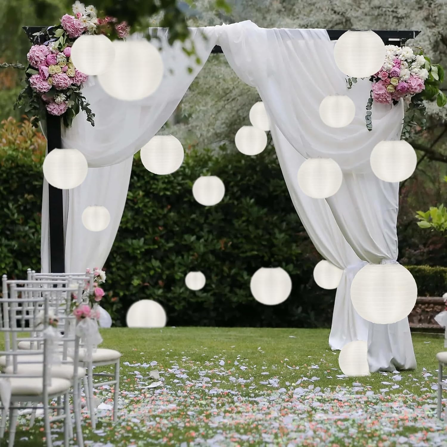 KNONEW 20 Pack 10" White Silk Outdoor Lanterns Decorative Party Hanging Chinese Japanese Waterprooof Round Lantern for Weddings, Birthdays, Parties Decoration (No Light Bulbs Included)