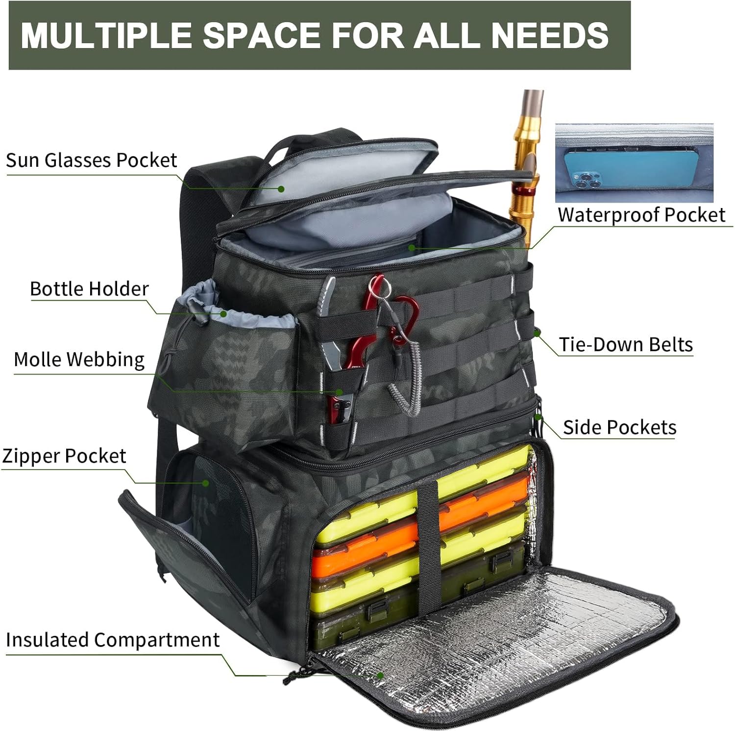 MATEIN Fishing Backpack, Water Resistant Fishing Tackle Box Bag with Rod Holders & Cooler, Gear Gifts for Men